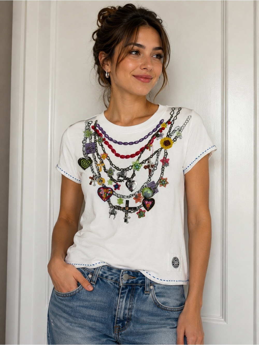 NWT Double D Ranch White Embellished Graphic Tee XL Western Charm Necklace Shirt